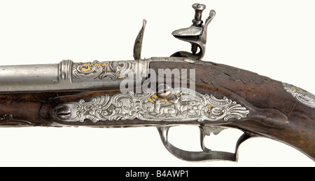 A flintlock hunting pistol, German, circa 1760. Round, three-stage barrel with a smooth bore in 12 mm calibre. There is a engraved picture of a stag amid decorative rocaille on top of the chamber. Richly chiselled lock. Lightly carved walnut stock with horn nose cap. The entire surface of all the iron furniture is cut with depictions of numerous wild animals amid decorative rocaille, the background showing remnants of gilding. Wooden ramrod with horn tip. Length 36 cm. historic, historical, 18th century, civil handgun, civil handguns, handheld, gun, guns, firea, Stock Photo