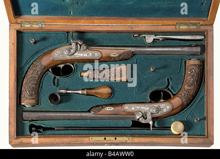 A cased pair of percussion pistols, V. Wenzel, Znaim (=Znojmo) Czechoslovakia. Octagonal, fluted barrels with patent breeches and smooth bores in 9.5 mm calibre. Dovetailed front sights. The tops of the barrels bear floral engraving and each has the signature 'V. WENZEL ZNAIM' as well as the inscription '1' or '2' respectively in gold. Percussion locks with engraved and etched floral decoration and more signatures. Beautifully carved walnut half stocks with iron furniture decorated en suite. The iron parts and blued barrels are lightly pitted or have a film of , Stock Photo