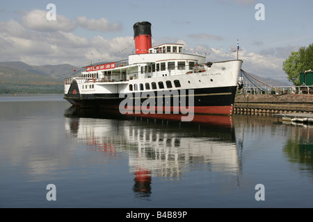 Area of Loch Lomond, Scotland. The paddle steamer Maid of the Loch moored at Balloch Pier on the shores of Loch Lomond. Stock Photo