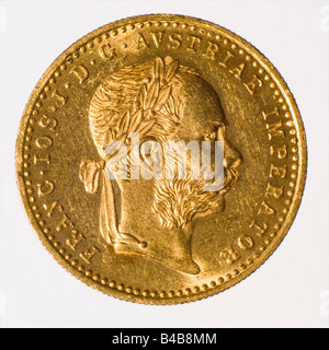 Austrian Gold Ducat. Modern restrike of 1815 original - Emperor Franz Joseph (986/1000 purity, 3.4909 g = 0.1106 oz) Obverse Stock Photo