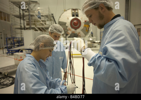 Technicians construct European Space Agency's Automated Transfer Vehicle (ATV) “Jules Verne” module at Kourou Spaceport. Stock Photo