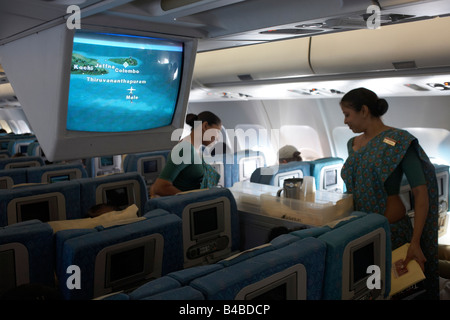 Sri Lankan Airlines cabin crew serve drinks to economy class  passengers between the Maldives and Colombo Stock Photo