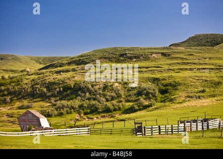 Old shed on a lean along Highway 18 in the Big Muddy Badlands region of Southern Saskatchewan, Canada. Stock Photo