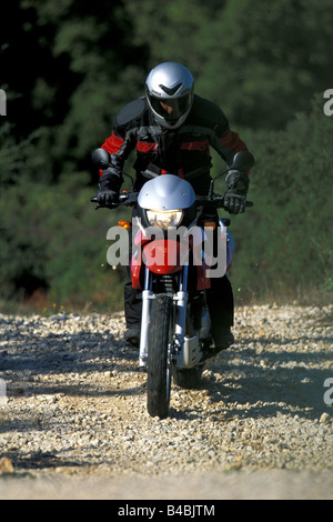 engine cycle, enduro, BMW F 650 GS, red, model year 2002, driving, straight ahead, from the front, landsapprox.e, Groand, Offroa Stock Photo