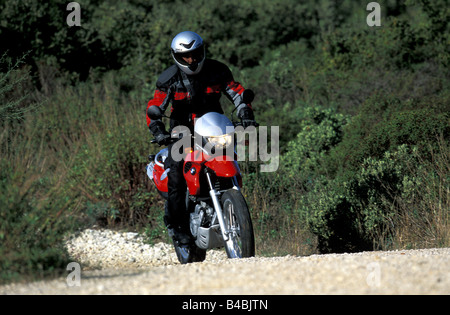 engine cycle, enduro, BMW F 650 GS, red, model year 2002, driving, straight ahead, from the front, landsapprox.e, Groand, Offroa Stock Photo