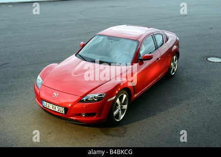 Car, Mazda RX 8, roadster, model year 2002-, red, coupe/Coupe, FGHDS, standing, upholding, diagonal from the front/oben, frontal Stock Photo