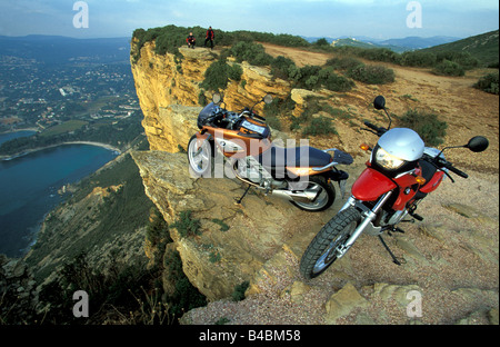 engine cycle, enduro, BMW F 650 CS, orange -metallic, model year 2003, standing, upholding, diagonal from the back, from above, Stock Photo