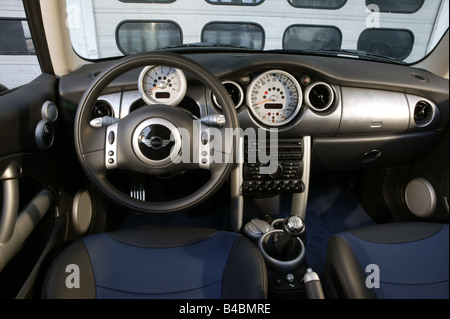 Car, BMW Mini Cooper S, Miniapprox.s, Limousine, model year 2002-, blue, interior view, Interior view, Cockpit, technique/access Stock Photo