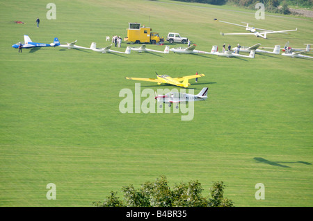 Light aircraft landing at the London Gliding Club Dunstable Downs England Stock Photo