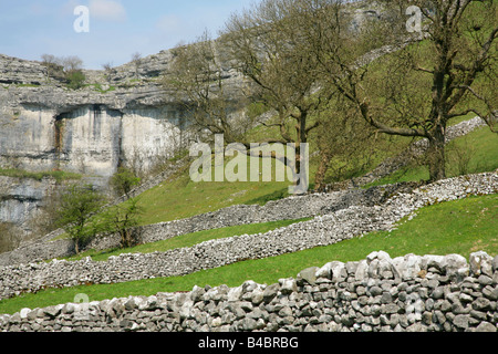 Malham Cove and dry stone walls in springtime, Yorkshire Dales National Park, England. Stock Photo