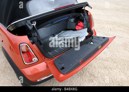 Car, BMW Mini Cooper Convertible, model year 2004-, red, open top, view into boot, technique/accessory, accessories, photographe Stock Photo