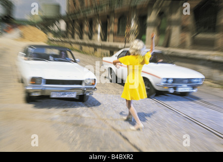 Car, Ford Capri I (model year 1969) and Opel Manta A (Year of construction 1970), Youngtimer, sixties, The 70s, driving, verwisc Stock Photo