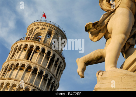 Pisa Italy Leaning Tower of Pisa & detail of the Fontana dei Putti Stock Photo