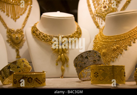 Gold jewelry in the souk in Dubai Stock Photo