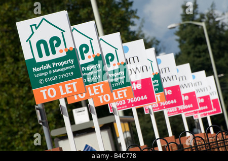 estate agent to let boards outside residential Stock Photo