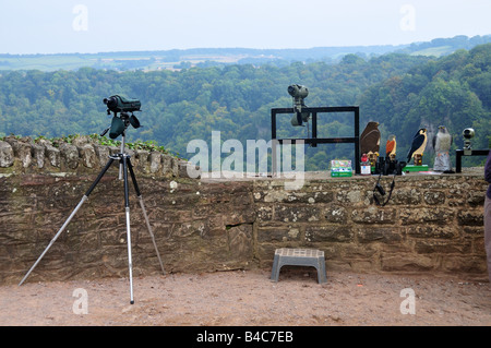 Telescope set up to watch Peregrine falcons nesting at Symonds Yat rock Forest of Dean Herefordshire Stock Photo