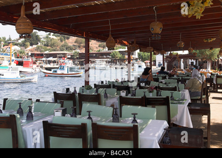 Turkish Sea front restaurant in Gumusluk, Turkey Stock Photo