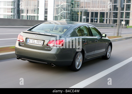 Car, Lexus GS 300, model year 2005-, silver-green, upper middle-sized , Limousine, driving, diagonal from the back, rear view, C Stock Photo