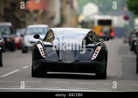 Car, Maybach Exelero Fulda, coupe/Coupe, model year 2005-, black, driving, rear view, City, photographer: Hans Dieter Seufert Stock Photo