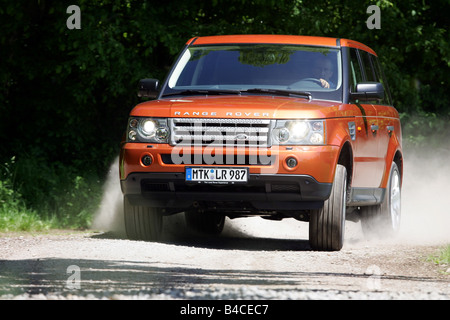 Car, Range Rover Sport V8 Supercharged, model year 2005-, orange , driving, diagonal from the front, frontal view, country road, Stock Photo