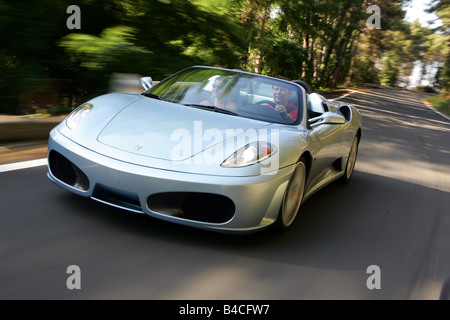 Car, Ferrari F430 Spider F1, model year 2005-, silver, Convertible, driving, diagonal from the front, frontal view, country road Stock Photo