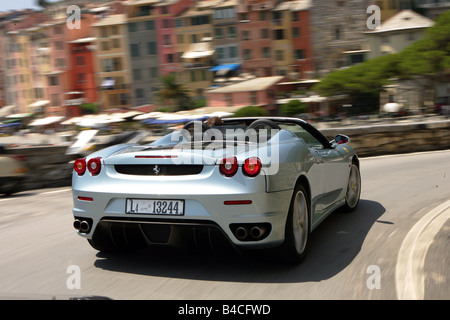 Car, Ferrari F430 Spider F1, model year 2005-, silver, Convertible, driving, diagonal from the back, rear view, City, landsappro Stock Photo