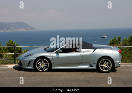 Car, Ferrari F430 Spider F1, model year 2005-, silver, Convertible, standing, upholding, side view, country road, landsapprox.e, Stock Photo