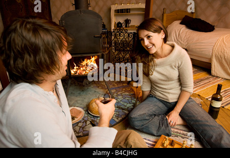 Couple playing chess in a Yurt at Rydal near Ambleside September 2008 Stock Photo