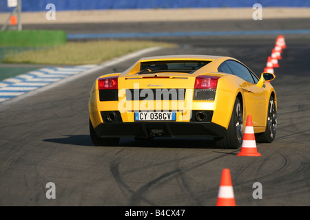 Lamborghini Gallardo, model year 2005-, yellow, driving, diagonal from the back, rear view, Pilonen, Test track Stock Photo