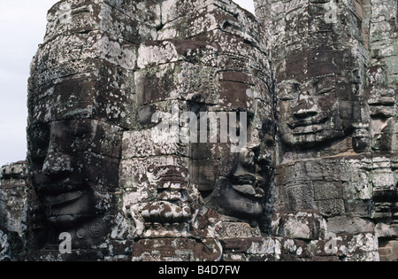 The smile of Angkor. Sculpted from stone, the smiling faces at Bayon temple are a symbol of Angkor, near Siem Reap, Cambodia. Stock Photo