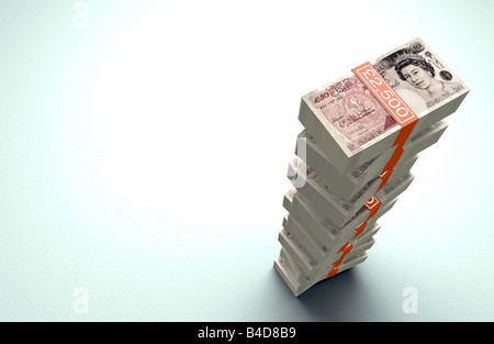 Large stack of £50 pound British bank notes on plain background with ...