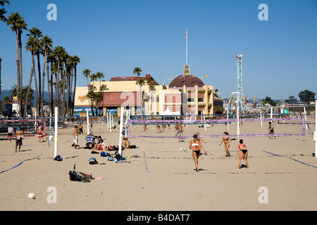 The beach volleyball courts at the main beach near the Santa Cruz Beach Boardwalk are open to the public. Stock Photo