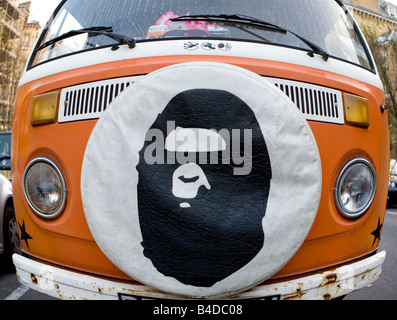 Planet Of The Apes Spare Wheel Cover On A VW Camper Van Glastonbury Festival Somerset UK Europe Stock Photo