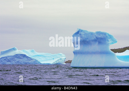 Giant icebergs under overcast sky off Newfoundland in Atlantic Ocean Stock Photo