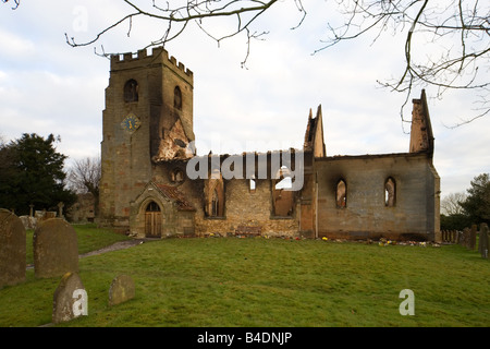 Burnt out St Nicholas Church in Radford Semele, England - has since been rebuilt. Stock Photo