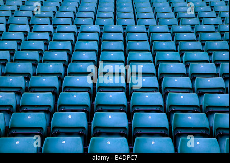 Rows of empty blue seats in a sports stadium Stock Photo