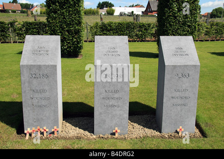 Three memorial Pillars at the Island of Ireland Peace Park, Mesen, Belgium. Stock Photo