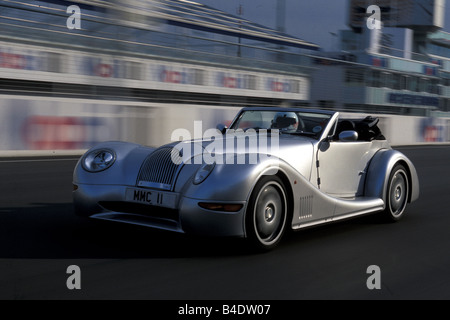Car, Morgan Aero 8, Convertible, model year 2000, silver, driving, test track, diagonal from the front, frontal view, open top Stock Photo