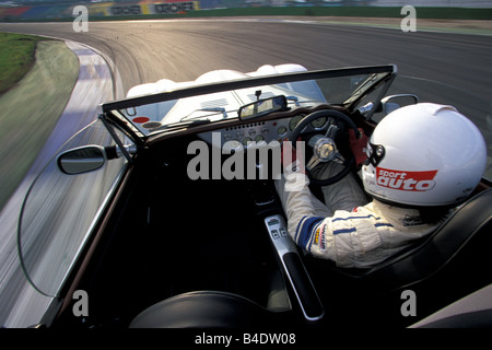 Car, Morgan Aero 8, Convertible, model year 2000, silver, driving, test track, diagonal from the back, open top Stock Photo