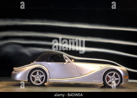 Car, Morgan Aero 8, Convertible, model year 2000, silver, driving, test track, diagonal from the front, Front view Stock Photo