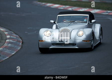 Car, Morgan Aero 8, Convertible, model year 2000, silver, driving, test track, diagonal from the front, frontal view, closed top Stock Photo
