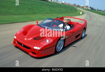 Car, Ferrari F50, model year 1995-2002, red, roadster, Convertible, Two-seater, driving, diagonal from the front, frontal view, Stock Photo