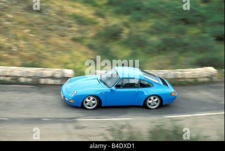 Car, Porsche 911 993 Carrera 2, roadster, model year 1993, coupe/Coupe, blue moving, side view, country road Stock Photo