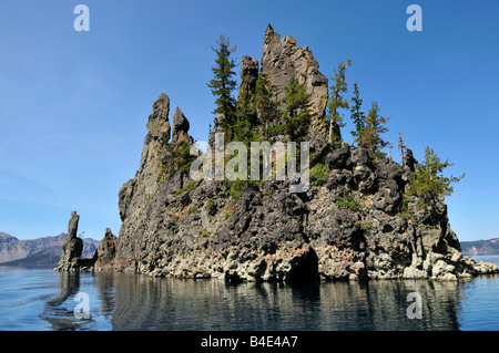 Close up view of the Phantom Ship, a volcanic rock tips above the lake surface. The Crater Lake National Park, Oregon, USA. Stock Photo