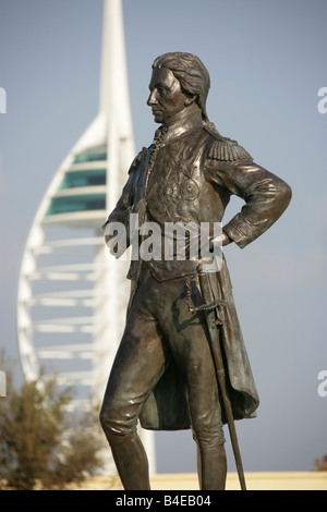 City of Portsmouth, England. The Old Portsmouth located statue of Lord Horatio Nelson, with Spinnaker Tower in the background. Stock Photo