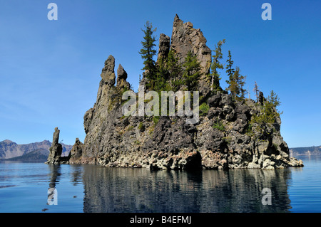 Close up view of the Phantom Ship, a volcanic rock tips above the lake surface. The Crater Lake National Park, Oregon, USA. Stock Photo