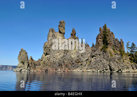 Close up view of the Phantom Ship, a volcanic rock tips above the lake surface. The Crater Lake National Park, Oregon, USA. Stock Photo