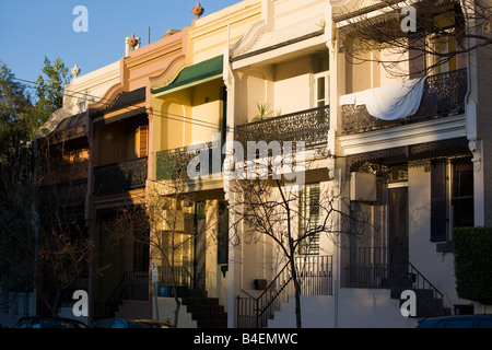 Trendy Colonial Victorian style terrace houses in Glenmore Road in Paddington, Sydney NSW Australia Stock Photo