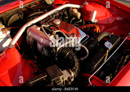 Car, Opel Manta B, model year 1983, red, Coupé, Coupe, old car, 1980s, eighties, engine compartment, engine , technics, technica Stock Photo