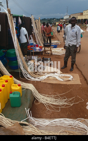 Market scene with stalls selling rope and twine. Uganda. Stock Photo